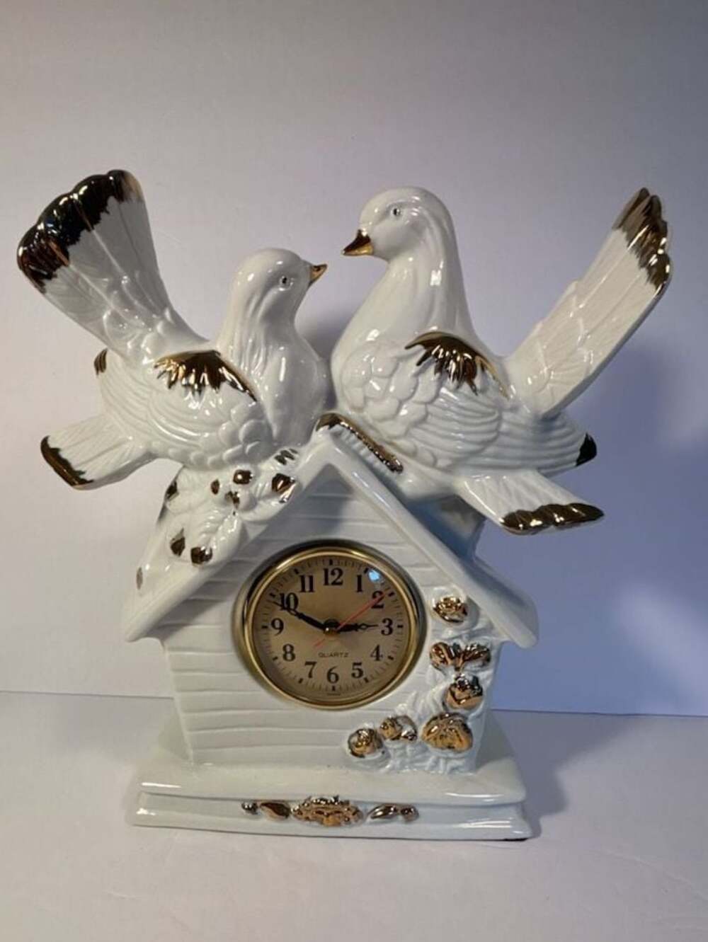 Vintage Eleco White Ceramic Mantel Clock with Love Birds Doves and Gold Trim